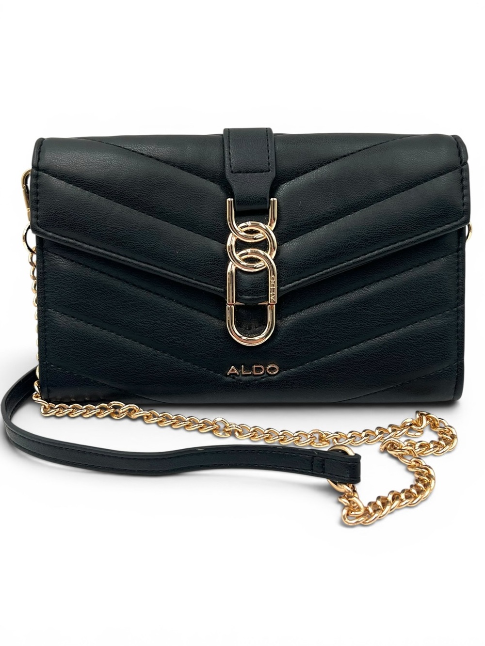 Aldo Tigerrqueen Black Quilted Faux Leather Crossbody Wallet Bag Gold Chain